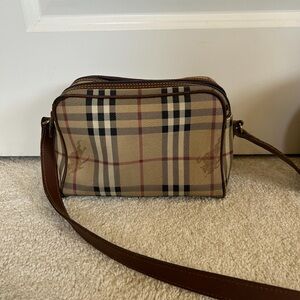Burberry Beige Plaid Crossbody Bag with Brown Leather Strap